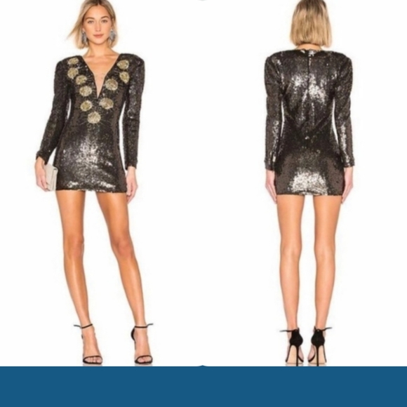 NBD X REVOLVE Size Large Bryson Silver Pewter Gold Sequin Deep V-Neck Mini Dress